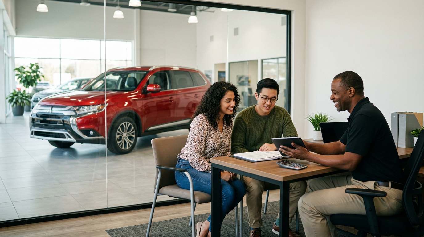 A couple sits at a desk in a car dealership, looking at a tablet held by a smiling salesperson. (Representative image for illustration purposes only. Actual vehicle may vary based on trim and configuration.)