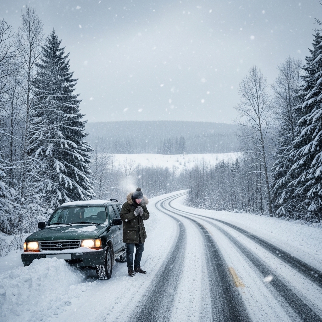 Car stuck in snow with driver waiting safely inside