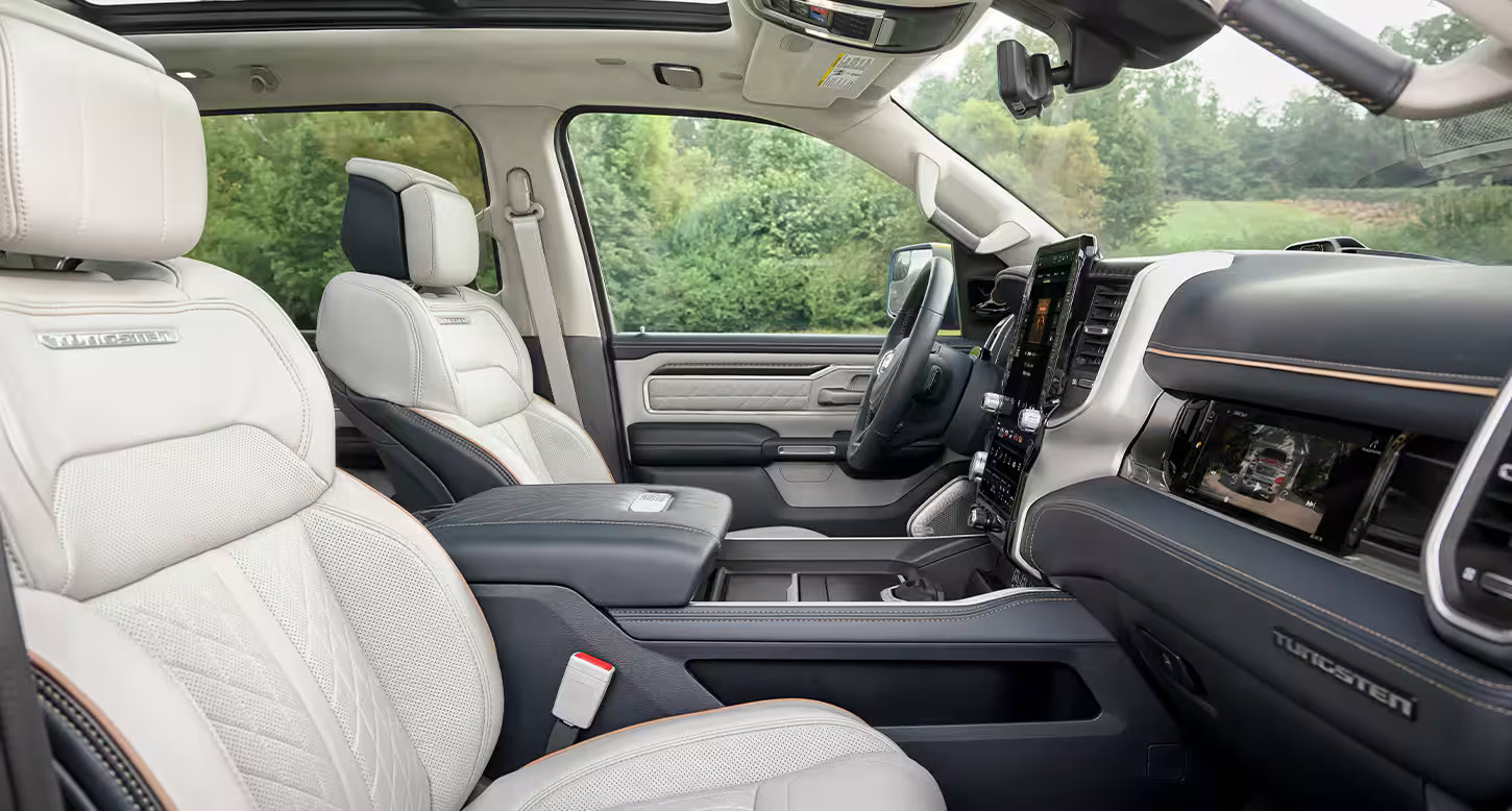 The front interior of a ram truck.