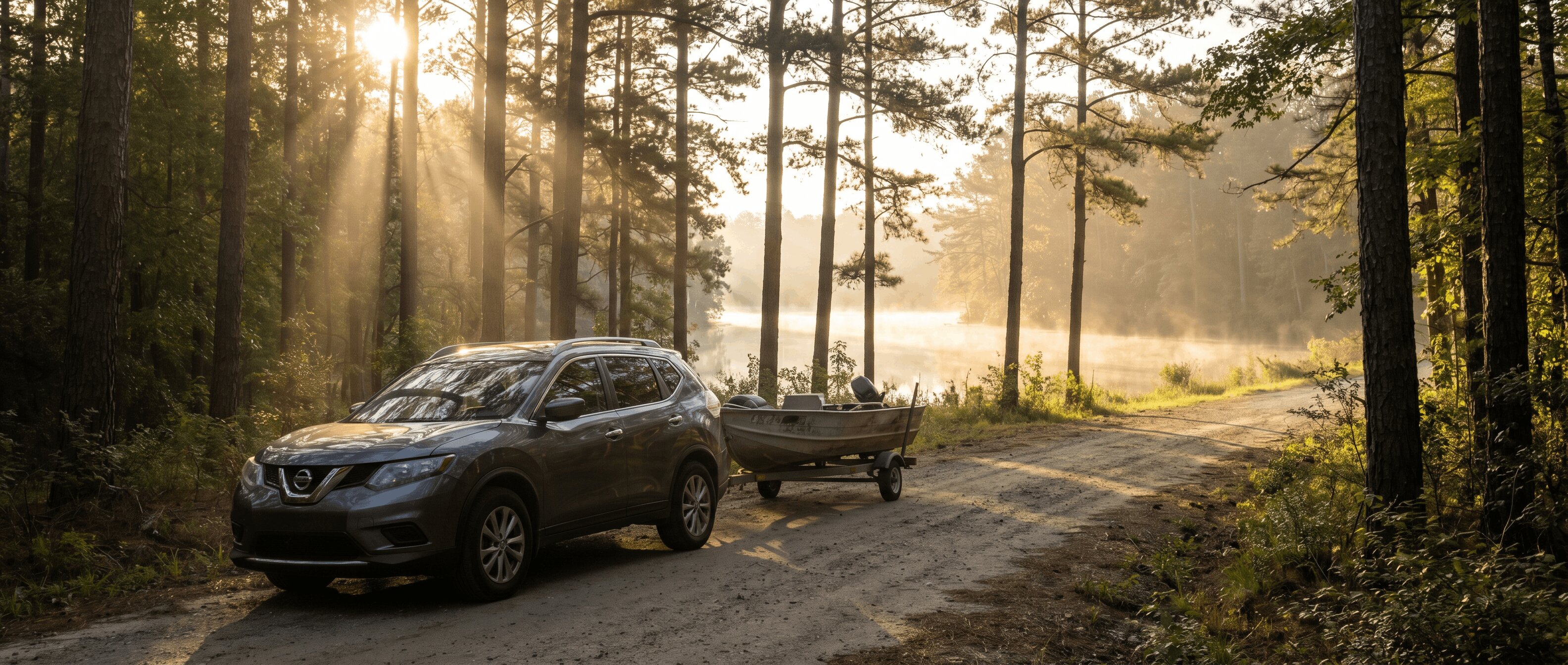 Nissan Rogue towing small boat near Lake Lanier in Roswell GA