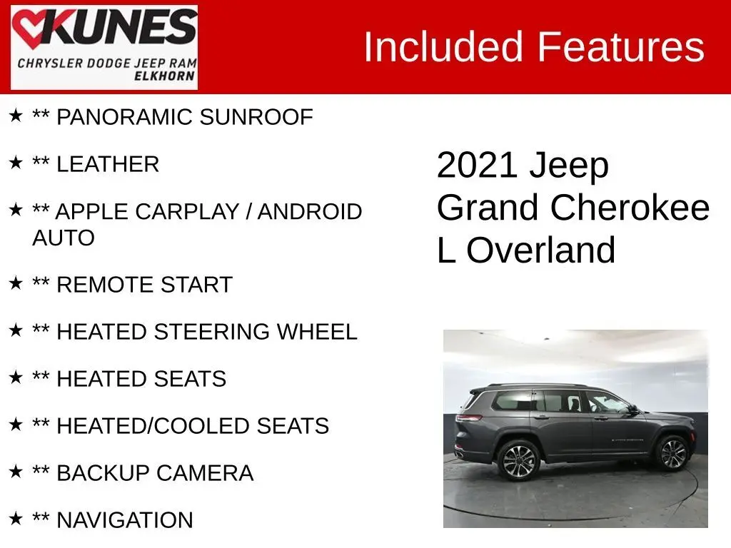 Used 2021 Jeep Grand Cherokee L Overland with VIN 1C4RJKDG4M8190156 for sale in Elkhorn, WI