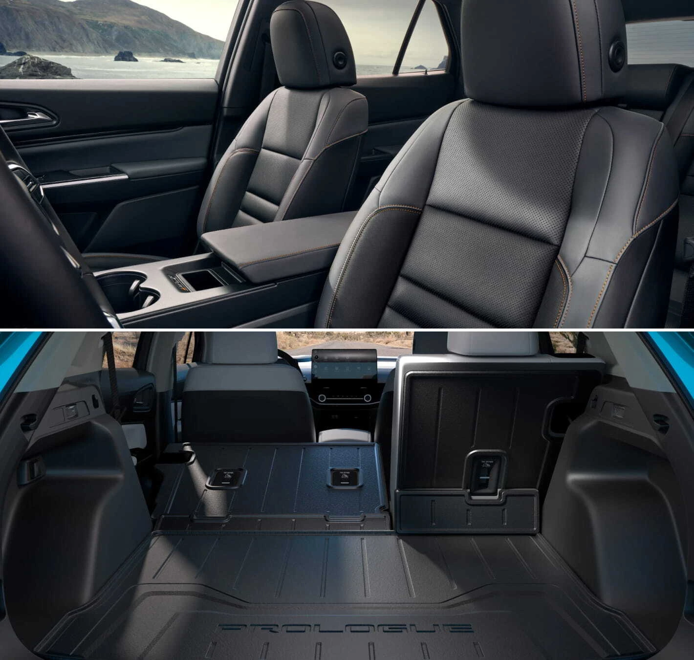 Top: 2026 Honda Prologue interior with black leather seats and contrast stitching, against a scenic coastal backdrop. Bottom: Spacious cargo area with folded rear seats.