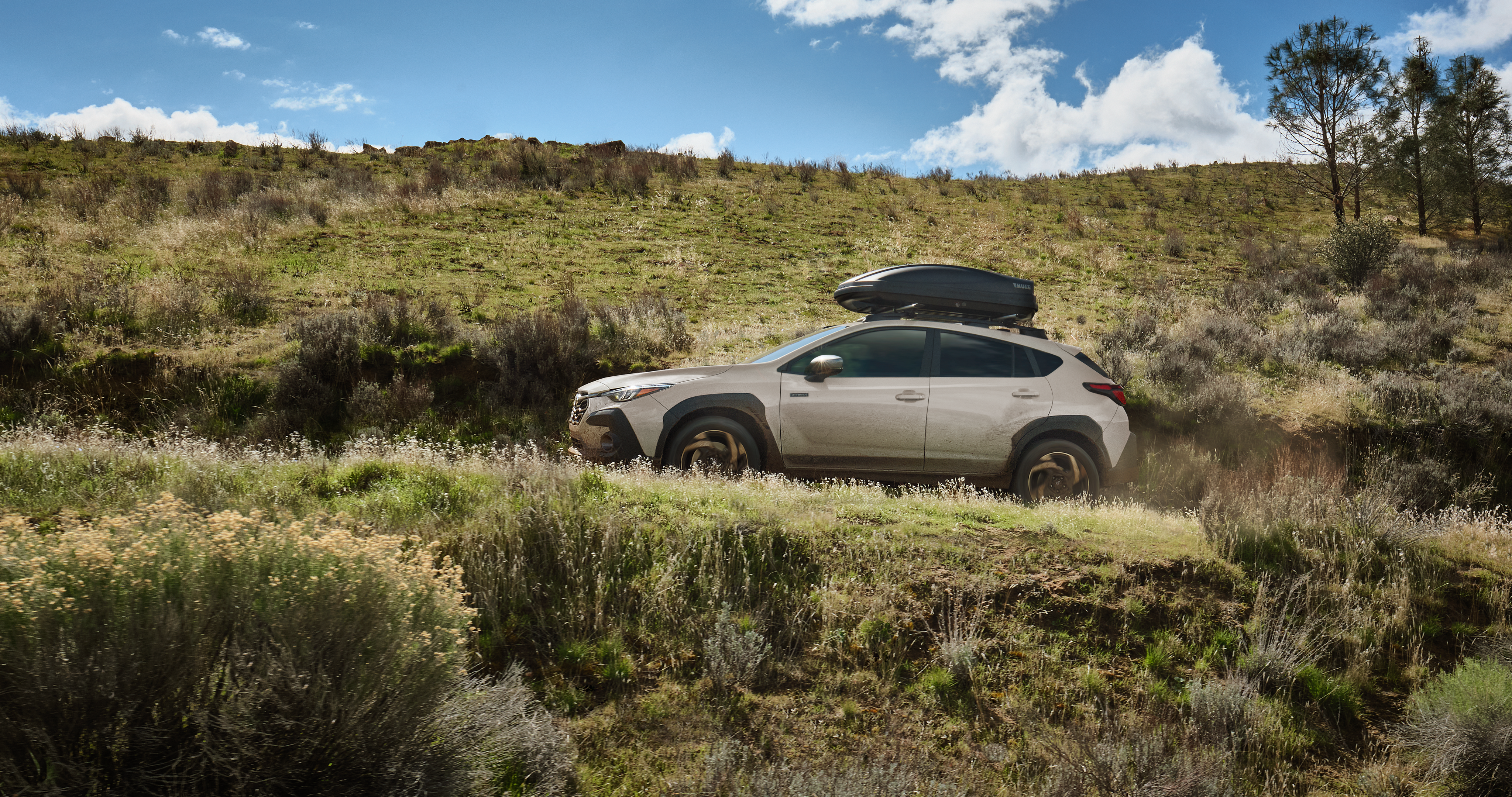 26_CTKH_hero_gallery/2026 Crosstrek Hybrid parked in a hilly, tree-covered landscape.