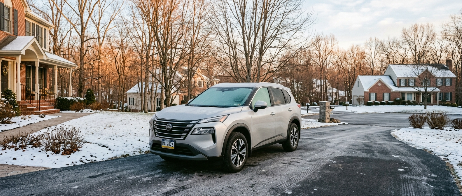 2026 Nissan Rogue parked on a frost-covered suburban Pennsylvania driveway in winter morning light