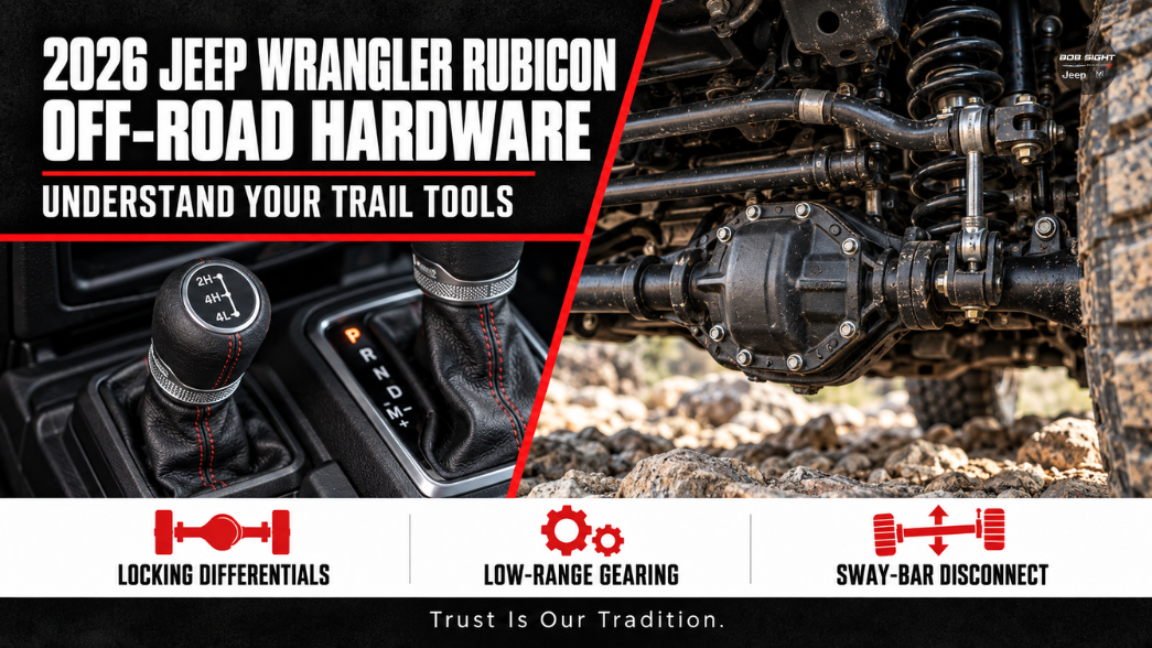 2026 Jeep Wrangler Rubicon off-road hardware guide showing a transfer-case lever and front axle for Bob Sight CDJR in Lawrence, KS.