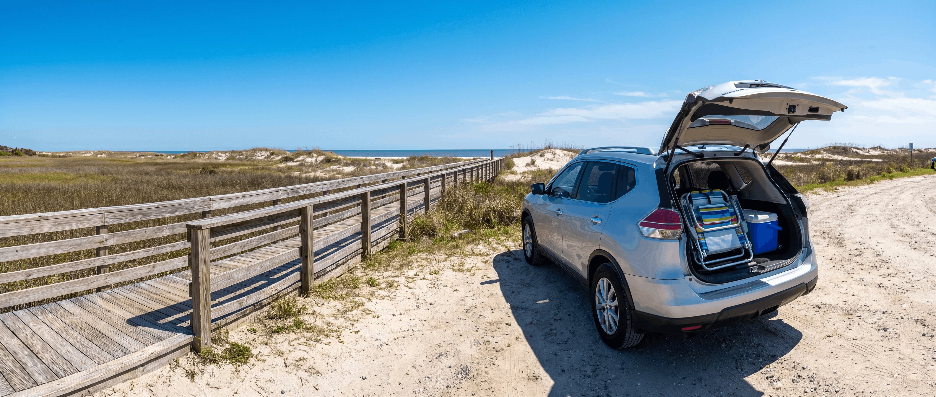 Nissan Rogue packed for a Fourth of July beach road trip at a Georgia coastal barrier island