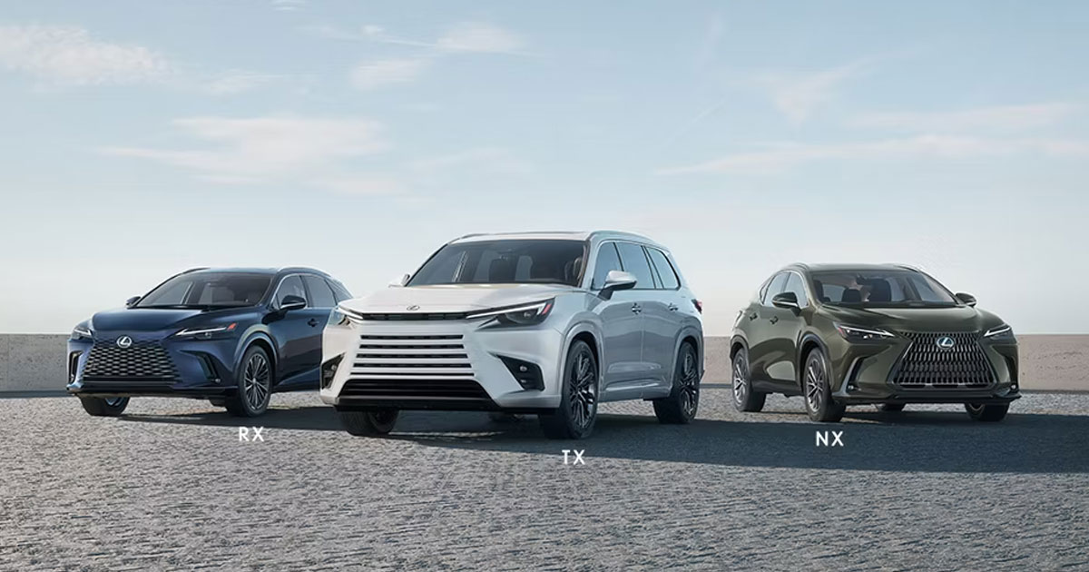 A lineup of Lexus SUV models including the Lexus RX, Lexus TX and Lexus NX