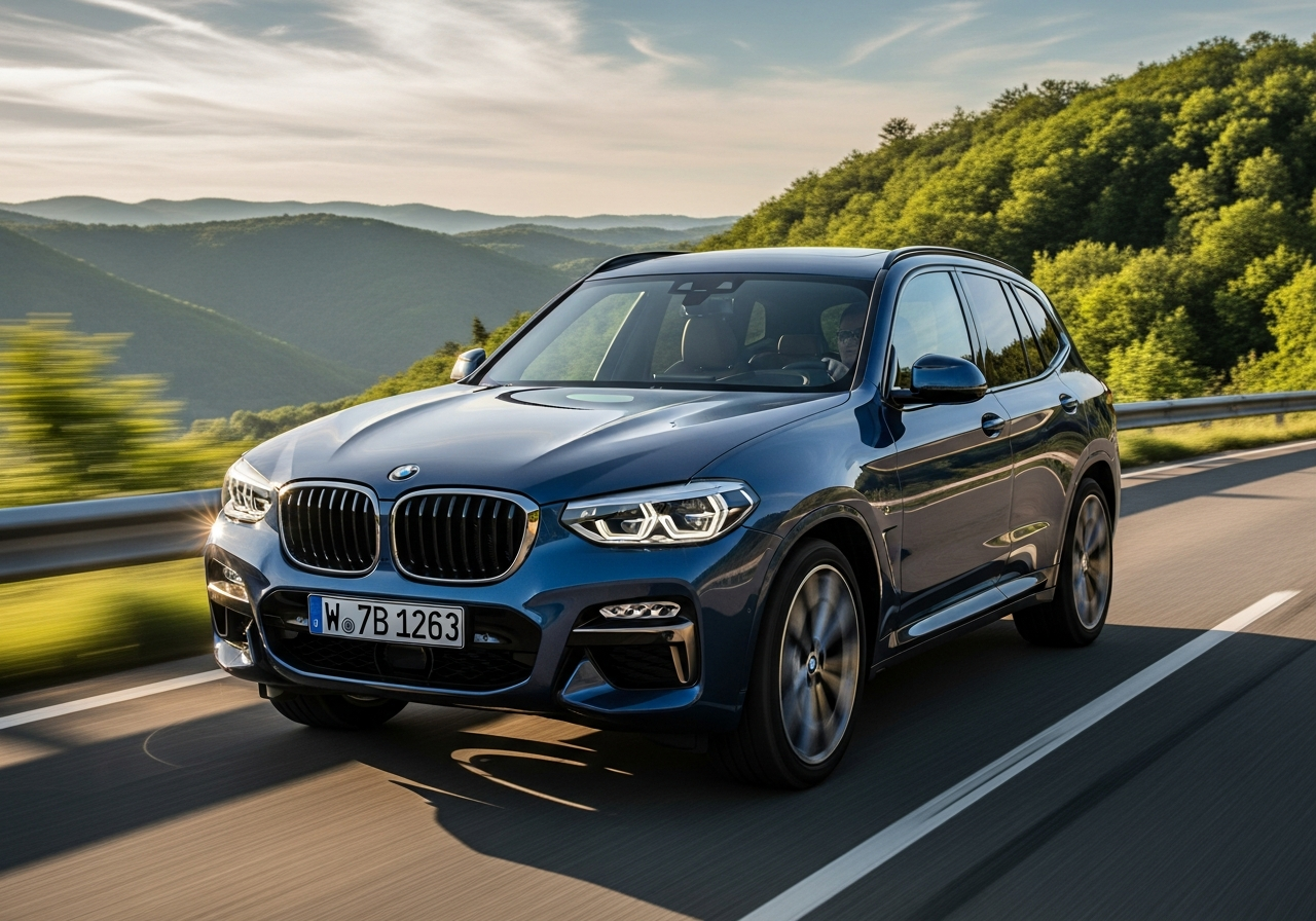 BMW X5 driving along a winding mountain road.