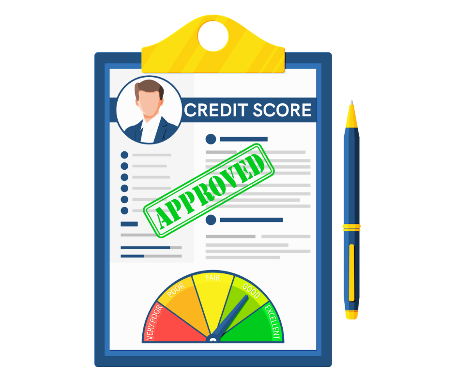 Vector graphic of an approved credit score on a clipboard example.