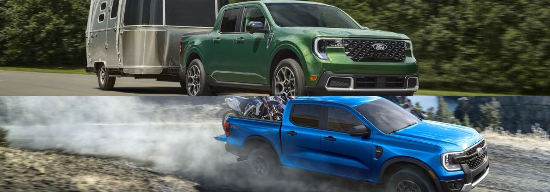 Green 2025 Ford Maverick Towing a Trailer and Blue 2025 Ford Ranger on a Dirt Trail