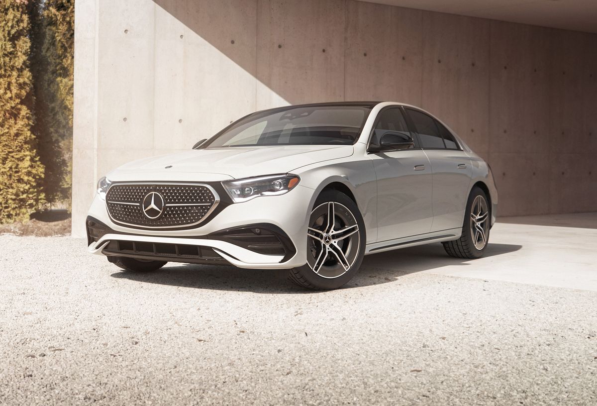 2026 Mercedes-Benz E-Class sedan in white, three-quarter front view