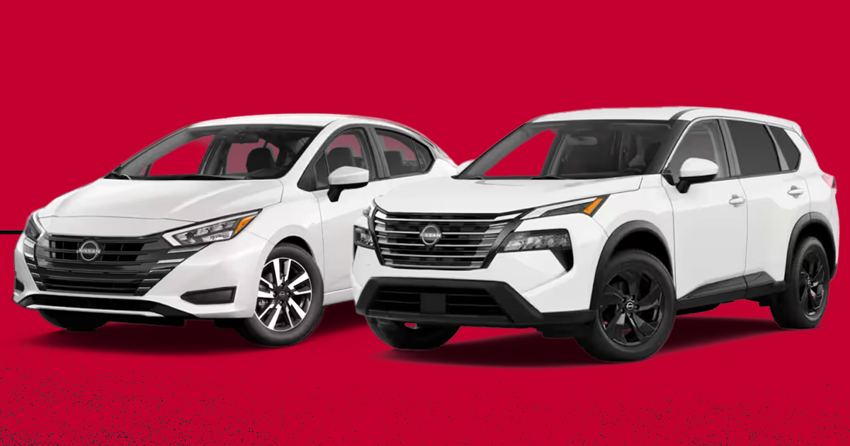 A white Nissan Rogue SV alongside a white Nissan Versa on a red background.