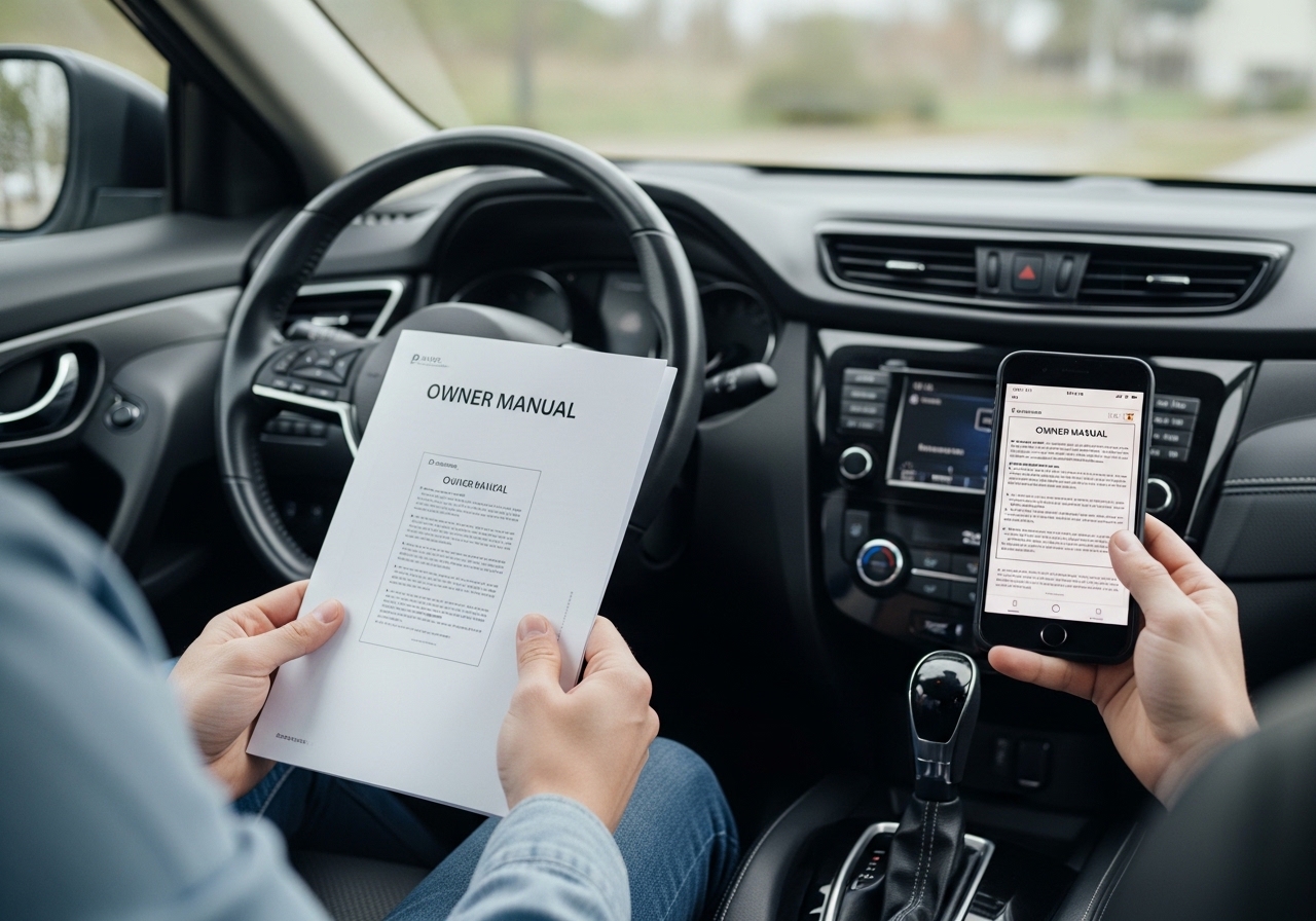 Driver reviewing a vehicle owner’s manual inside a car