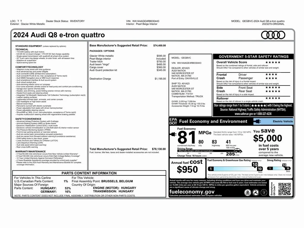 Used 2024 Audi Q8 e-tron Premium with VIN WA14AAGE4RB030443 for sale in Trooper, PA