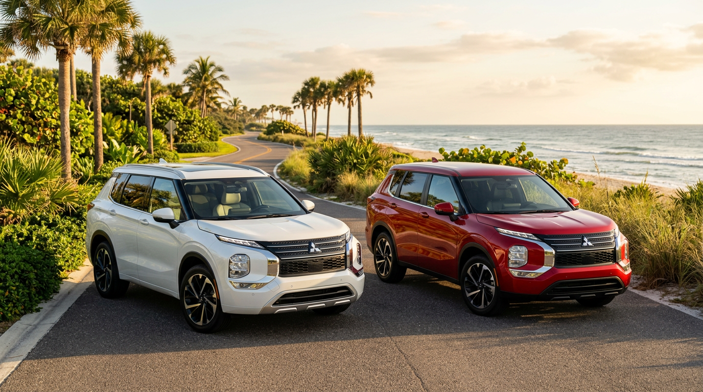 White and red Mitsubishi Outlander SUVs parked on a tropical coastal road at sunset.