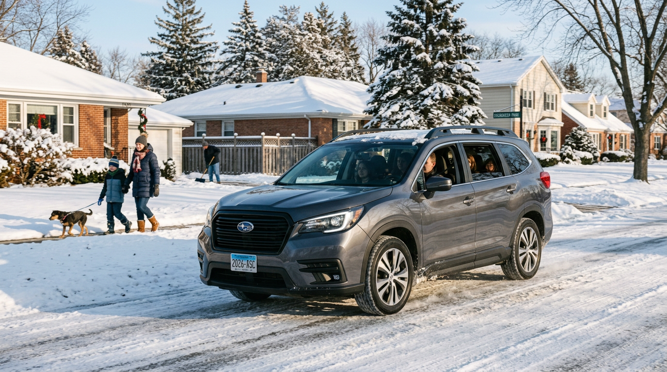 Snowy Chicago skyline and road, winter driving context for Subaru Ascent