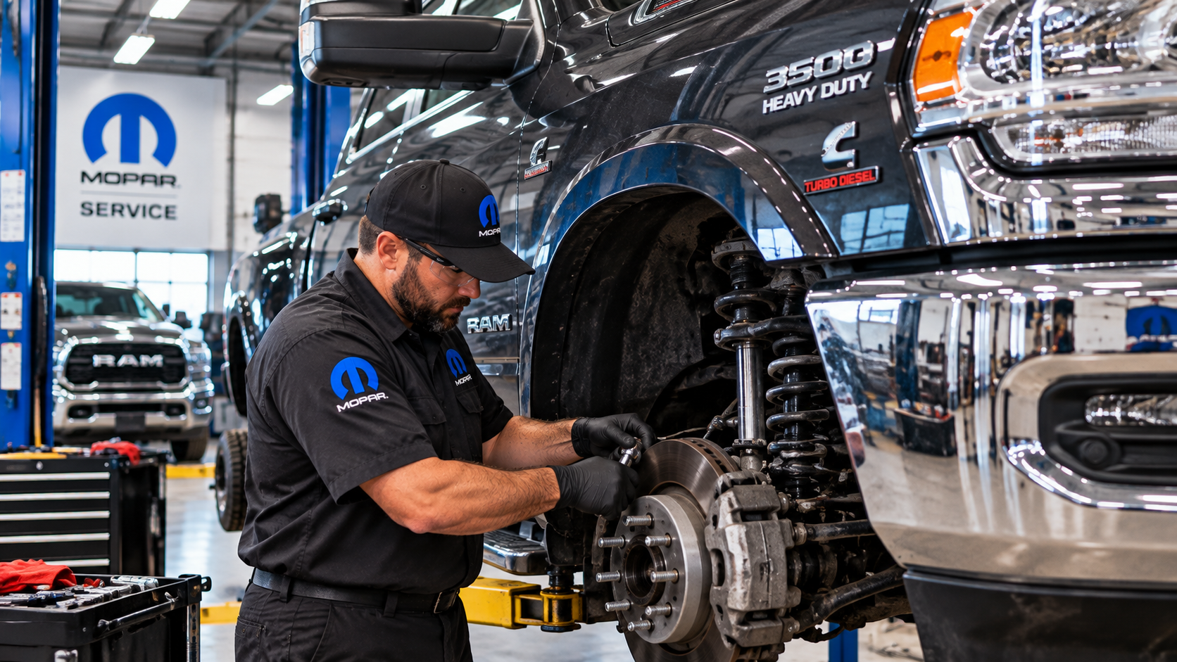 Mopar technician servicing the brakes and heavy-duty components on a RAM 3500 diesel truck at Bonham Chrysler in Bonham, TX