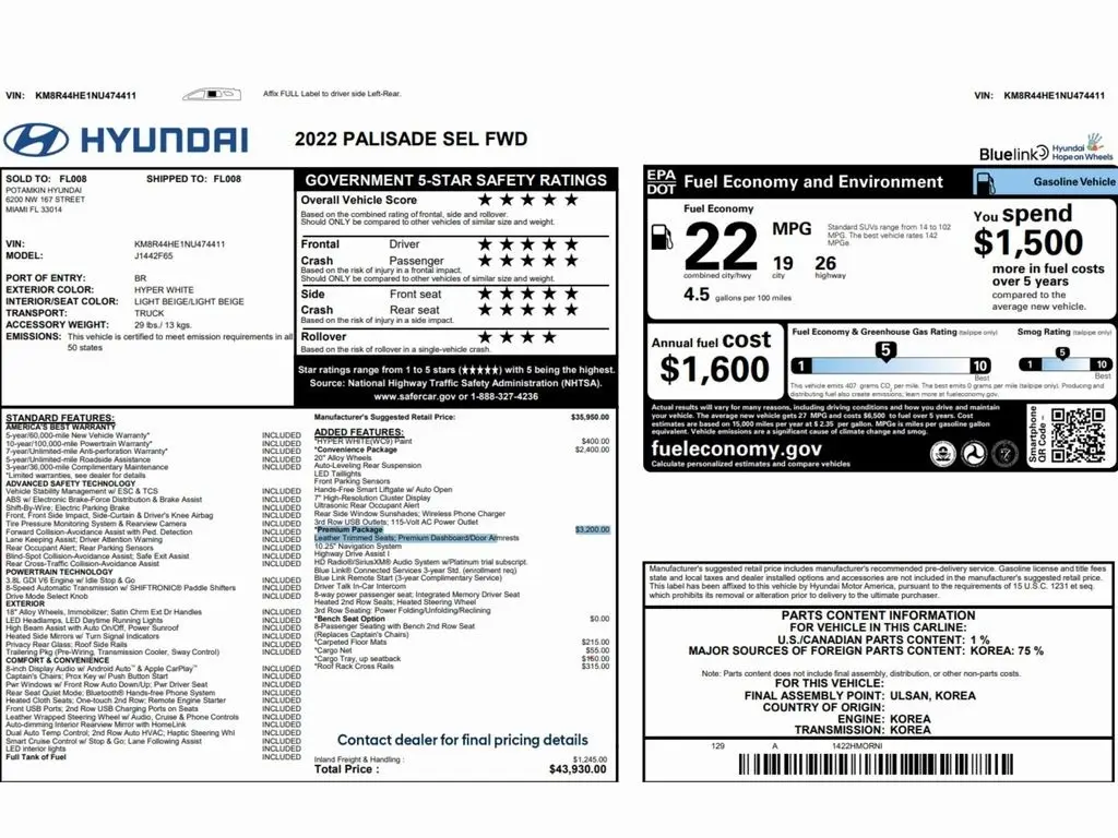Used 2022 Hyundai Palisade SEL with VIN KM8R44HE1NU474411 for sale in Trooper, PA