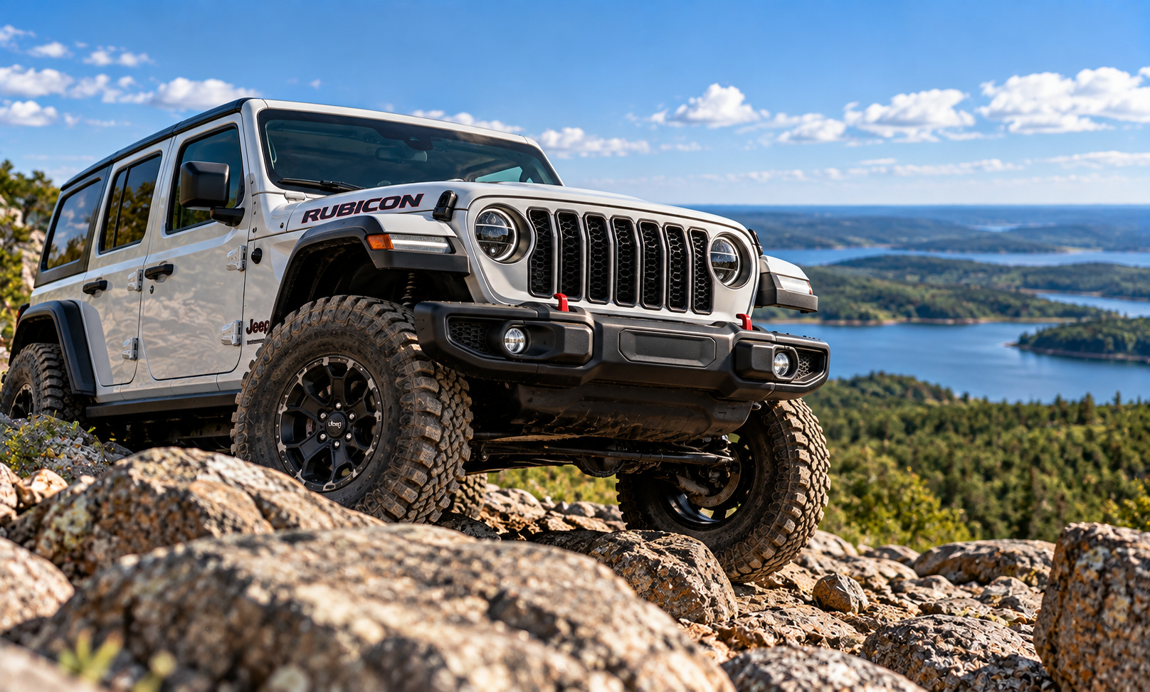 Jeep Wrangler Rubicon on rocky terrain demonstrating 4x4 capability