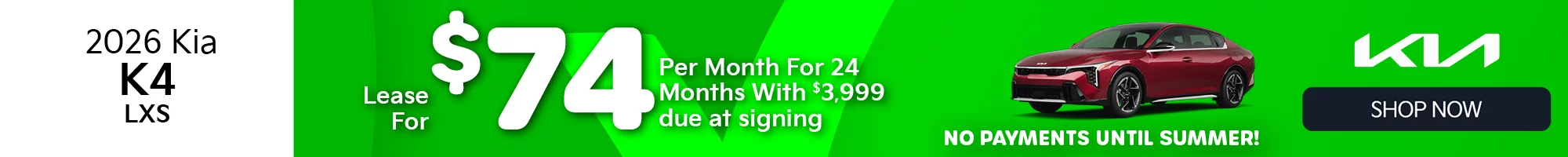 2026 Kia K4 LXS Lease for $74 per month with $3,999 due at signing