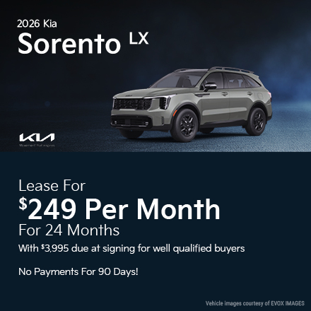 2026 Kia Sorento LX  Lease for $249 per month for 24 months with $3,995 due at signing for well qualified buyers 