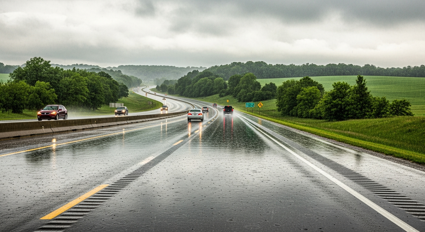 Car driving on a wet road during spring rain with water spray