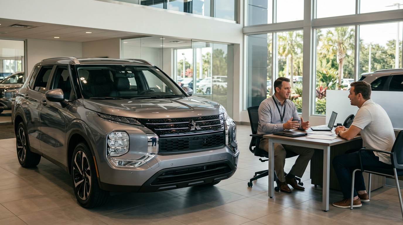 A car salesman discusses vehicle options with a customer seated at a desk beside a silver SUV in a showroom. (Representative image for illustration purposes only. Actual vehicle may vary based on trim and configuration.)