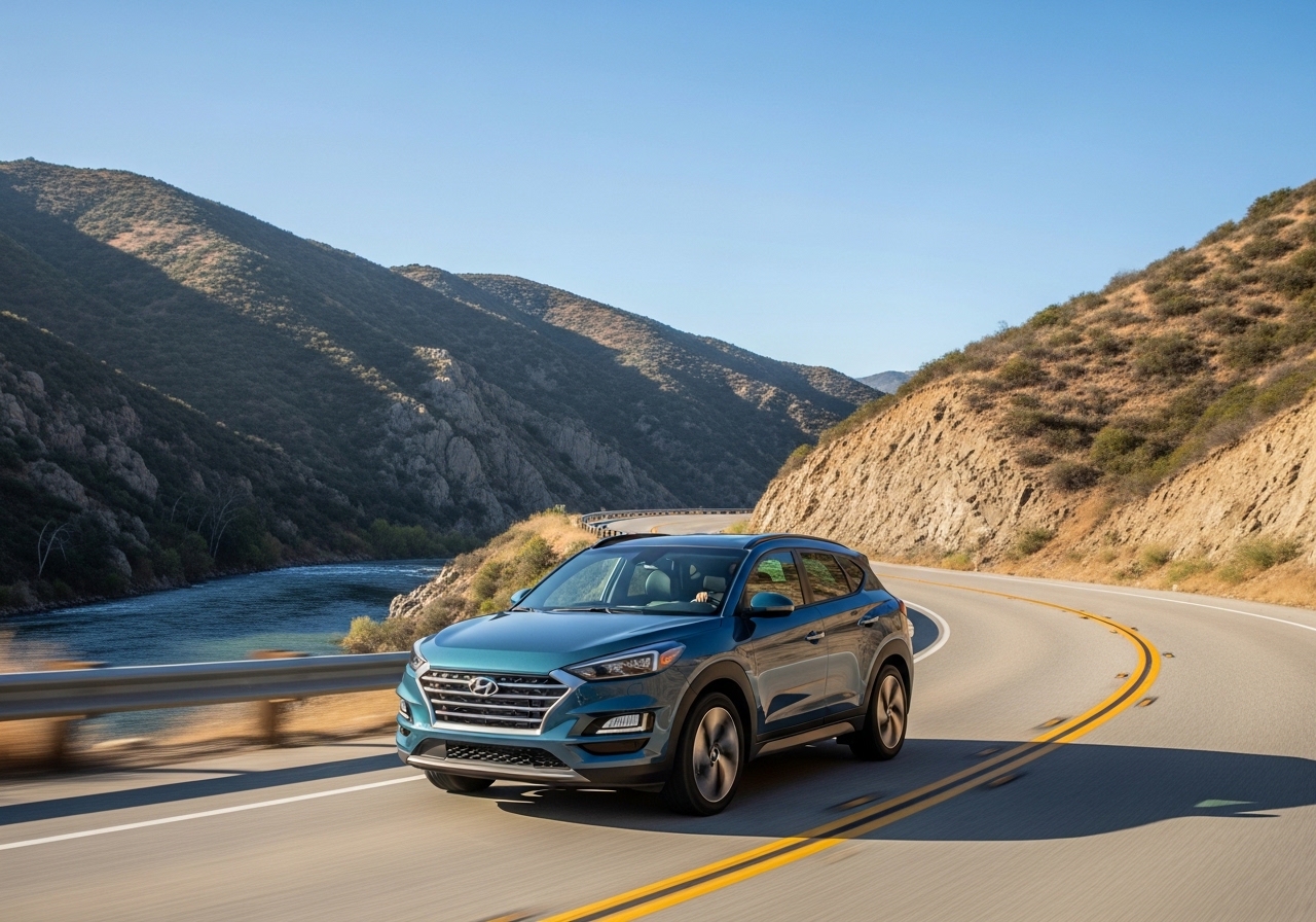 Hyundai Tucson Hybrid driving on a scenic highway