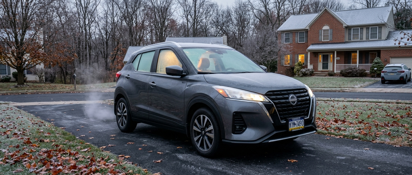 2026 Nissan Kicks warming up via remote start on a frosty Warminster, PA driveway in late fall