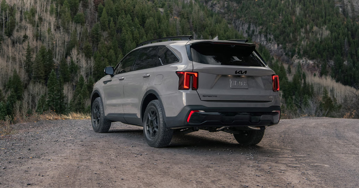 2026 Kia Sorento parked on a dirt trail, with a dense forest of evergreen
