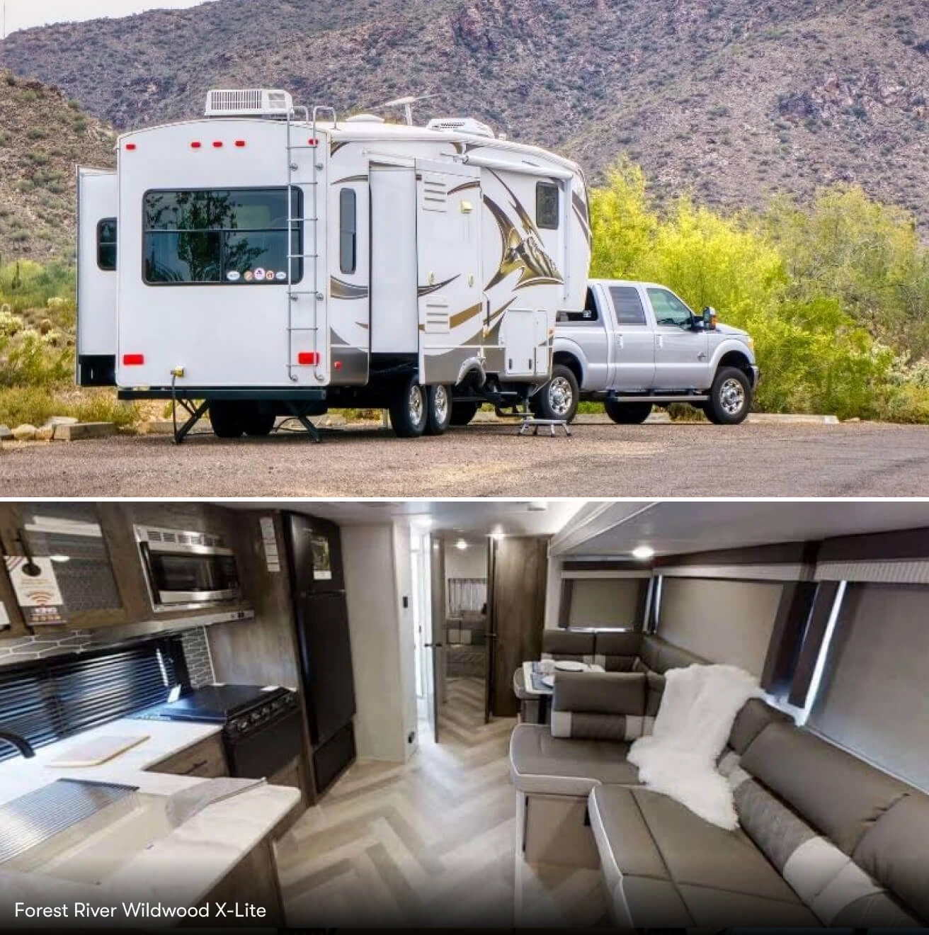 Rear exterior shot of a truck parked with a travel trailer in a mountain campsite. Interior shot of the Forest River Wildwood X-Lite.