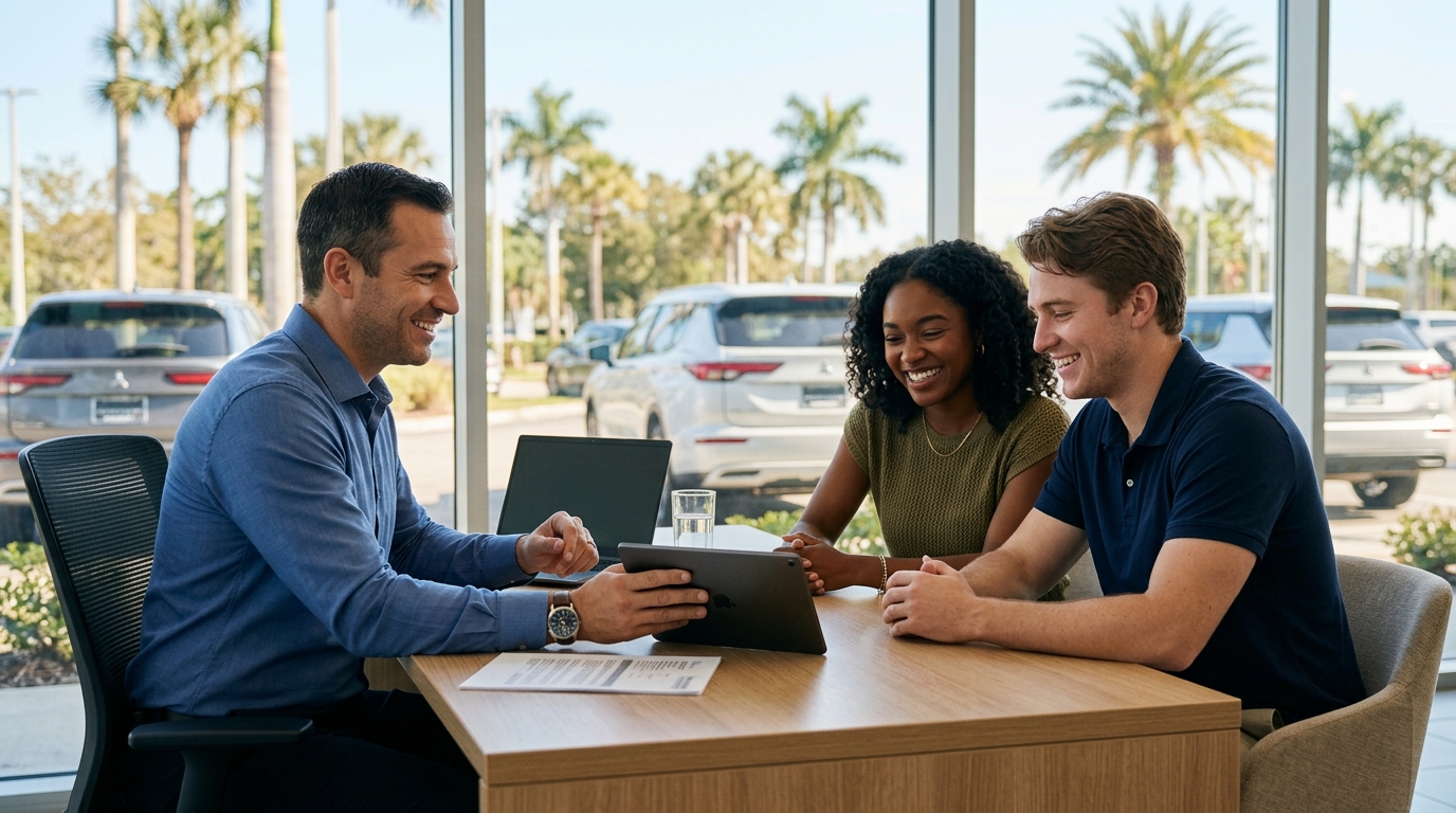 A car salesman showing a tablet to a smiling young couple at a dealership desk. (Representative image for illustration purposes only. Actual vehicle may vary based on trim and configuration.)