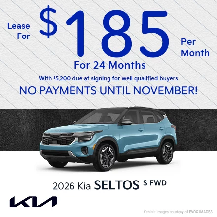 2026 Kia Seltos S FWD Lease for $185 per month for 24 months with $5,200 due at signing for well qualified buyers