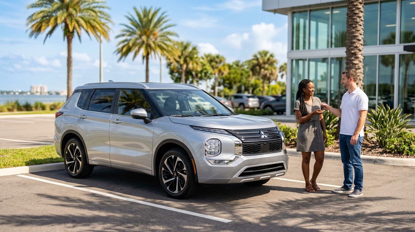 A man hands car keys to a smiling woman standing beside a new silver Mitsubishi Outlander SUV at a dealership. (Representative image for illustration purposes only. Actual vehicle may vary based on trim and configuration.)
