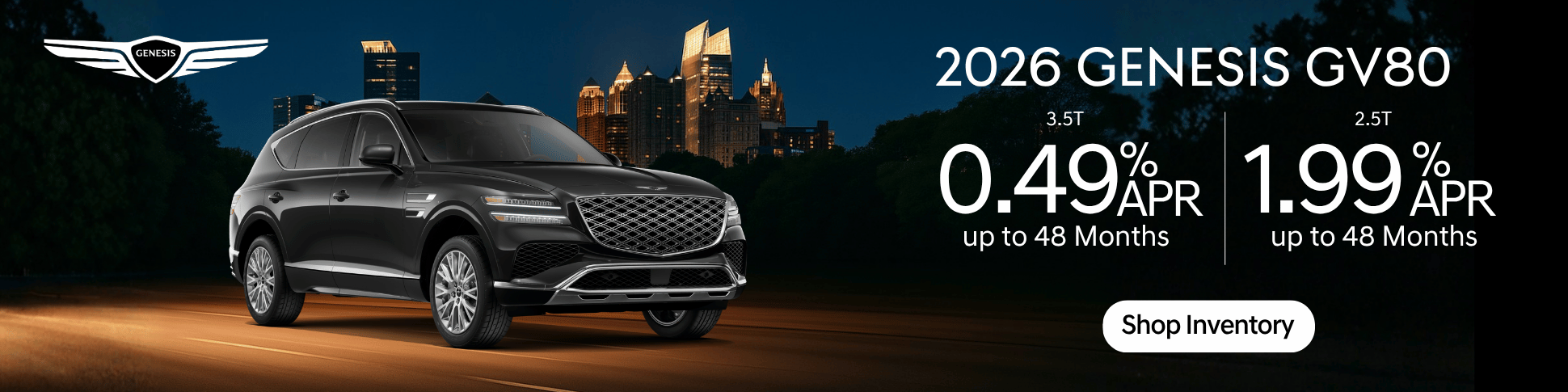2026 Genesis GV80 driving on a road with promotional text offering 0.49% APR financing for up to 48 months on 3.5T trims and a Shop Inventory call to action.