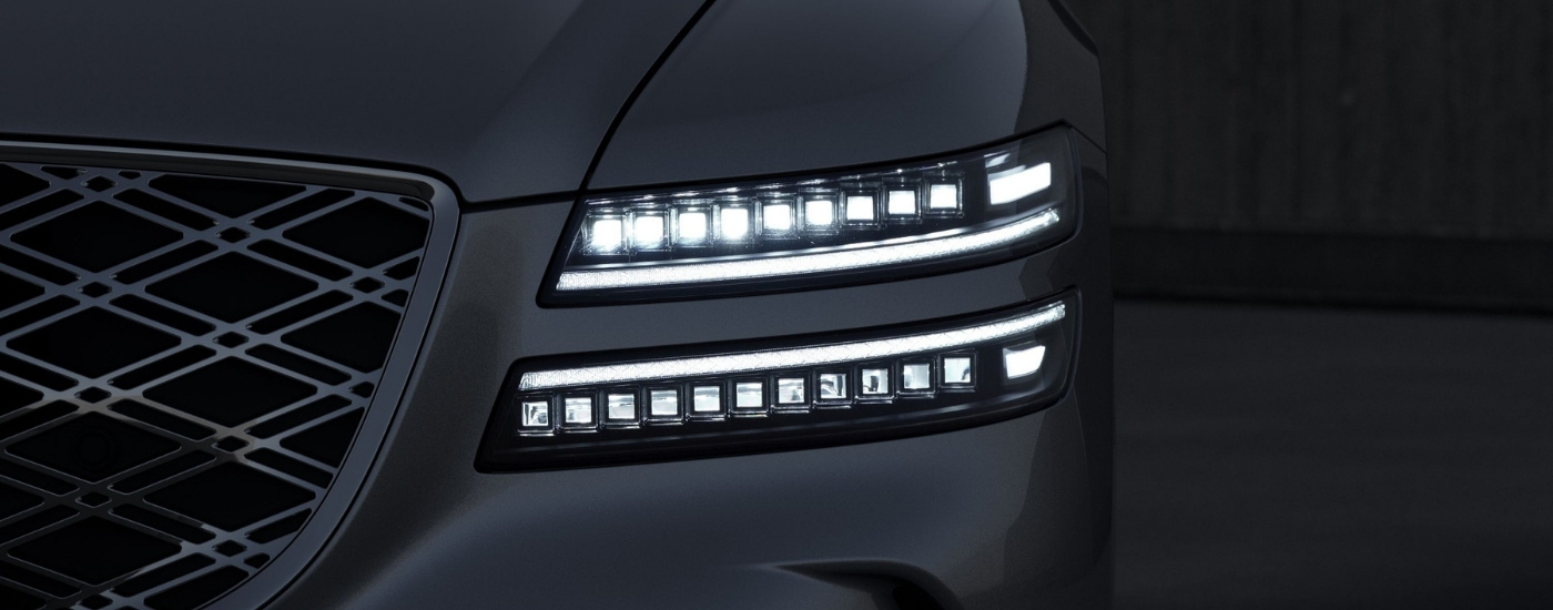 Driver side headlight on a grey 2025 Genesis G80