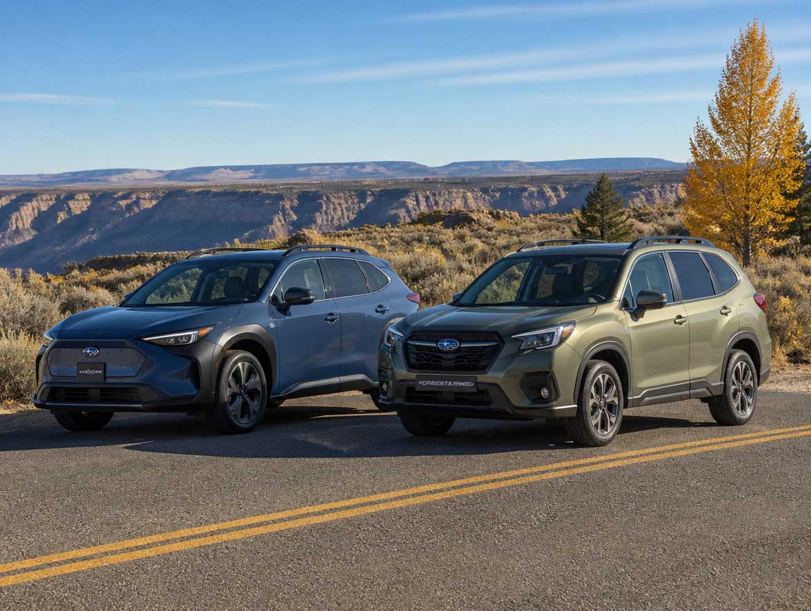 2026 Subaru Solterra and 2026 Subaru Forester Hybrid side by side on a southern Idaho high-desert road