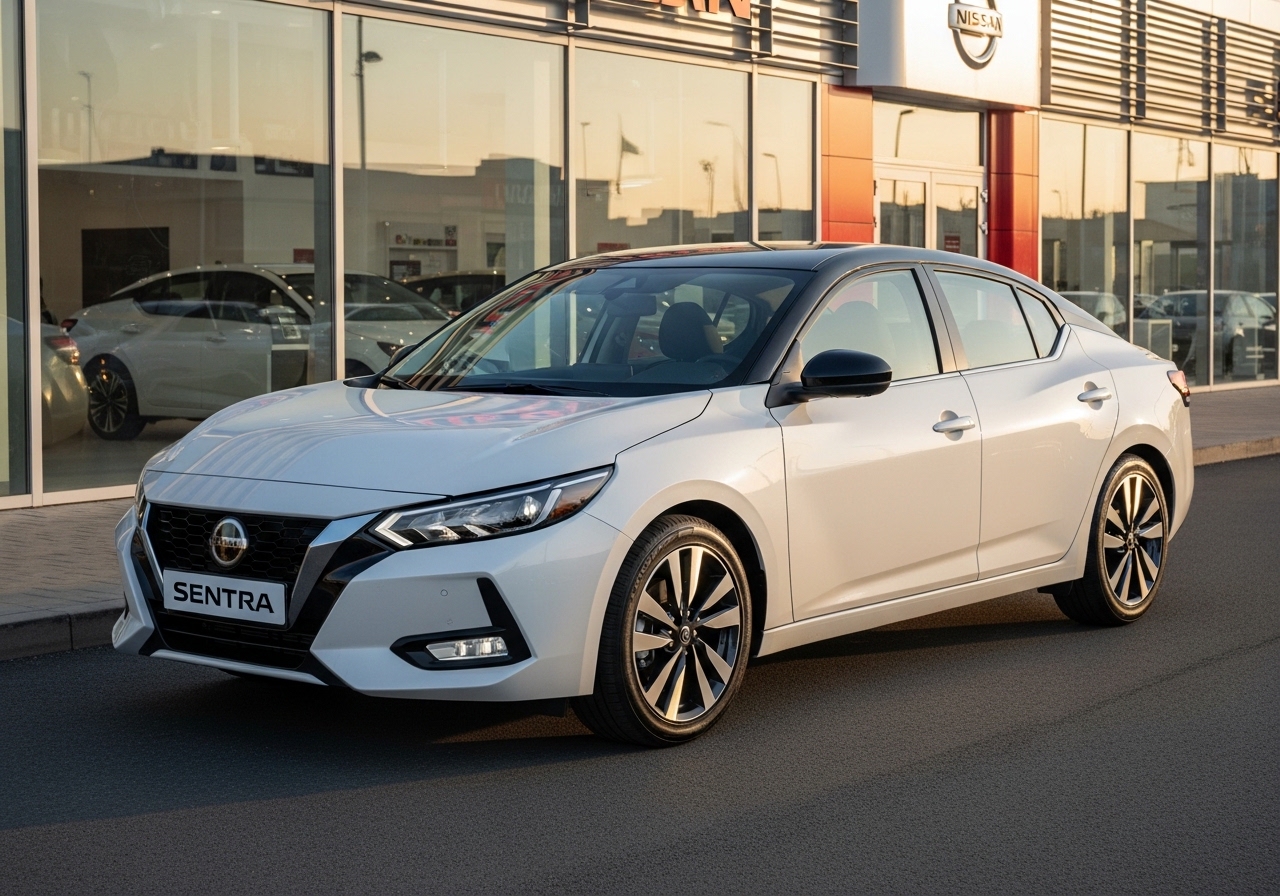 2026 Nissan Sentra parked in front of a modern dealership, highlighting its sleek design and appeal as a first car