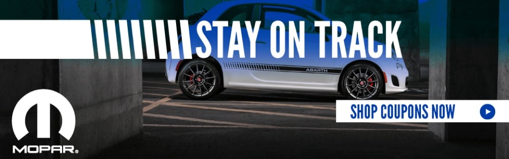 Mopar Stay on Track banner with Shop Coupons Now button