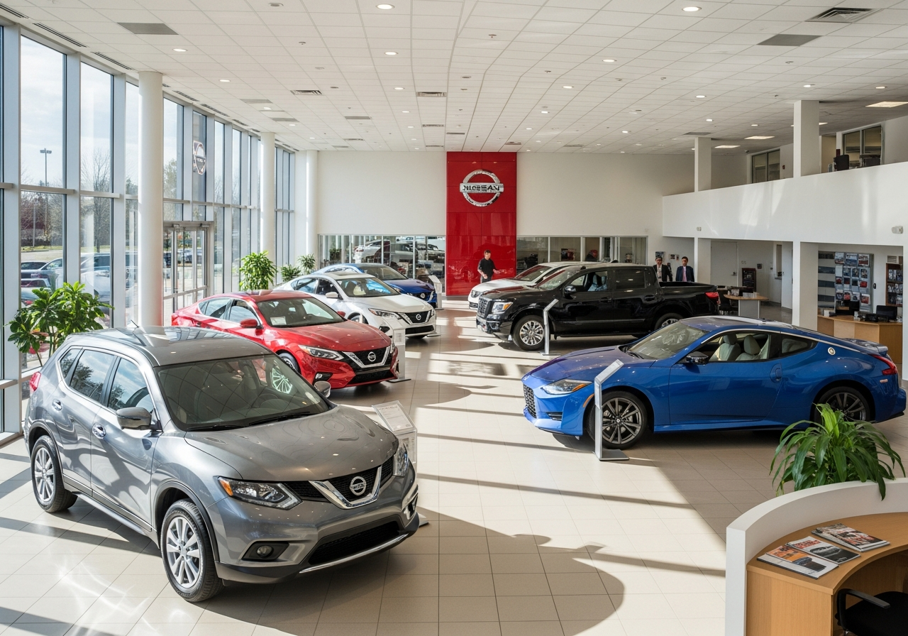 Friendly Nissan sales consultant assisting guests in a bright showroom