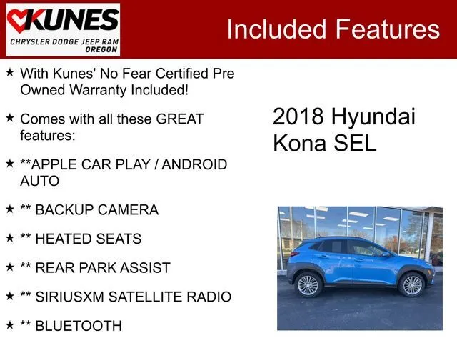 Used 2018 Hyundai Kona SEL with VIN KM8K62AA4JU119444 for sale in Oregon, IL