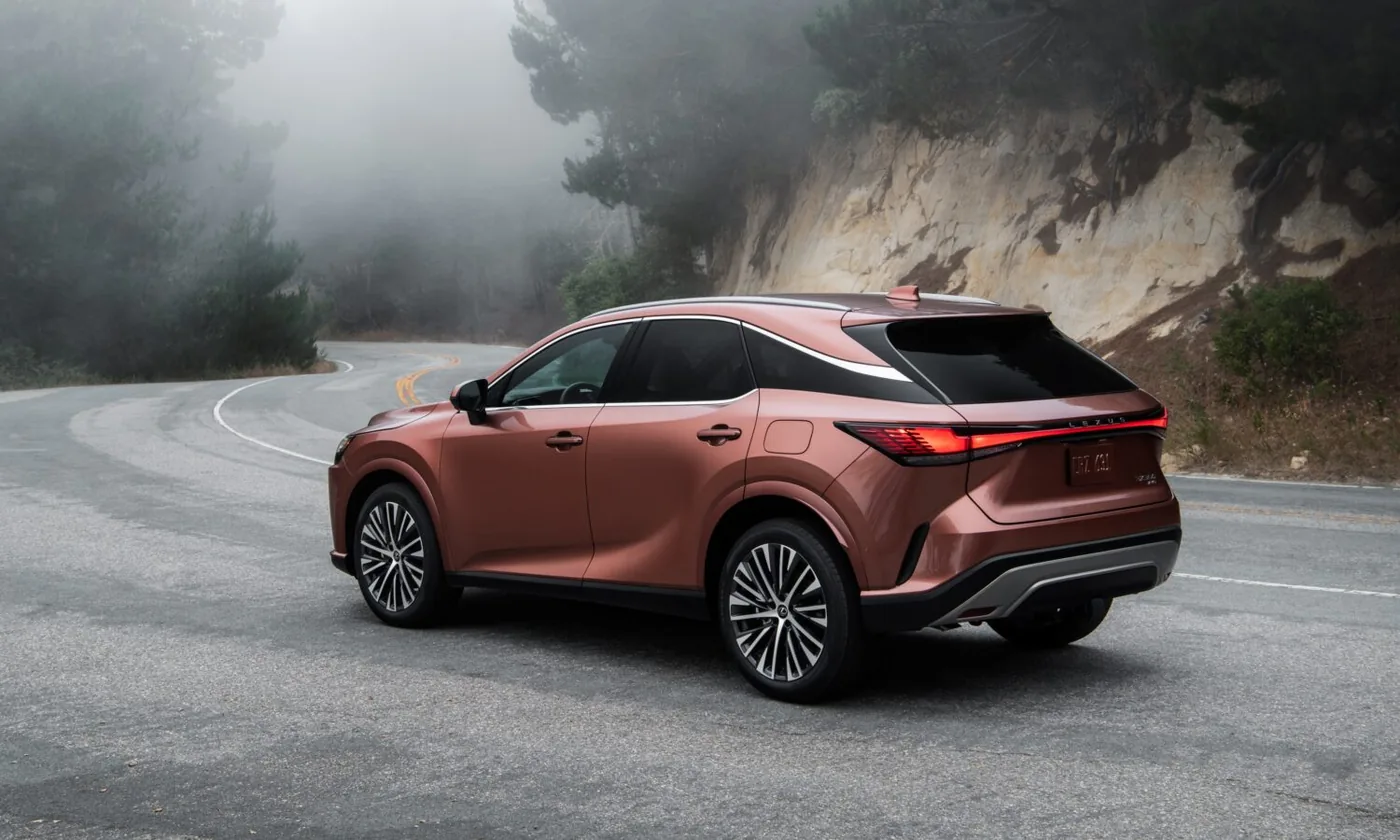 Copper Lexus SUV Rear Three-Quarter on Foggy Mountain Road