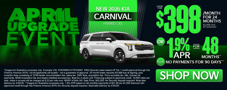 NEW 2026 Kia Carnival Hybrid LXS	"LEASE FOR $398/MO with $3,999 due at signing* OR 1.9% APR for 48 months** PLUS, NO PAYMENTS FOR 90 DAYS***"