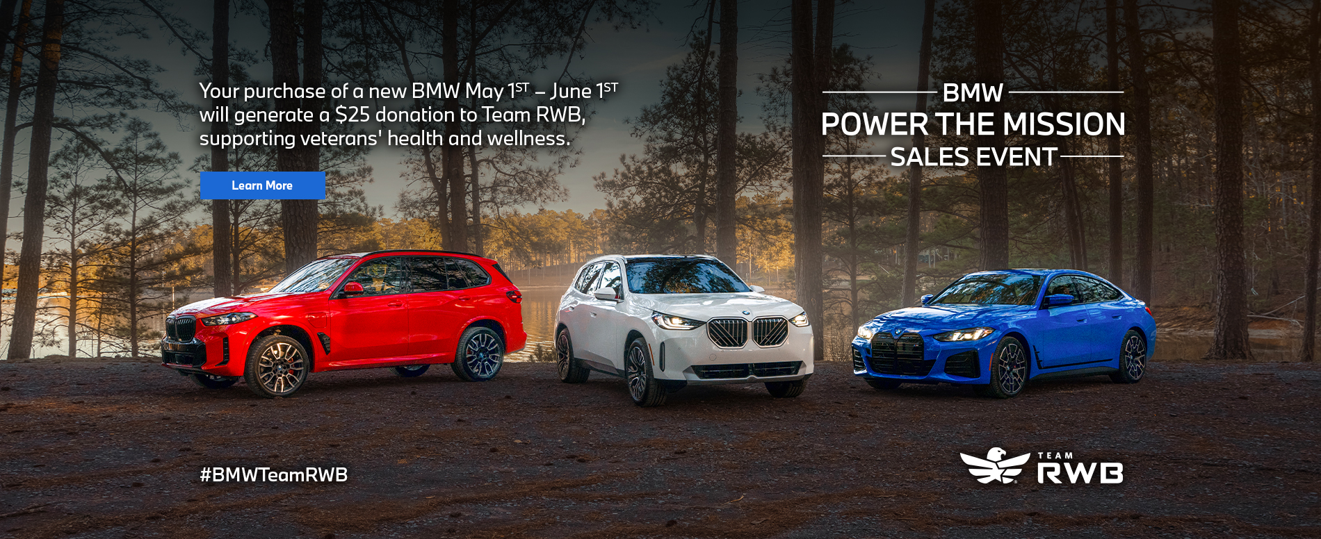 BMW Power the Mission Sales Event featuring the 2026 BMW X5 in red, the BMW X3 in white and the BMW i4 M50 in Blue.