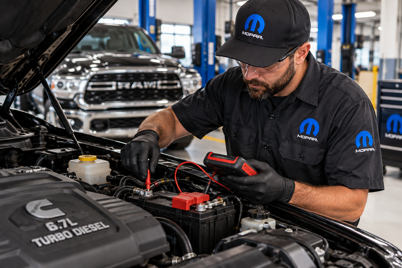 Mopar technician testing the battery and charging system on a 6.7L Cummins RAM heavy-duty diesel truck